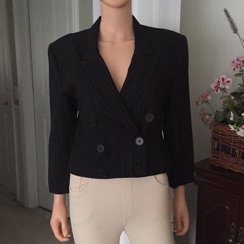 Vintage Evan Picone Virgin Wool Cropped Double Breasted Pinstriped Blazer Size 8 - Picture 2 of 11